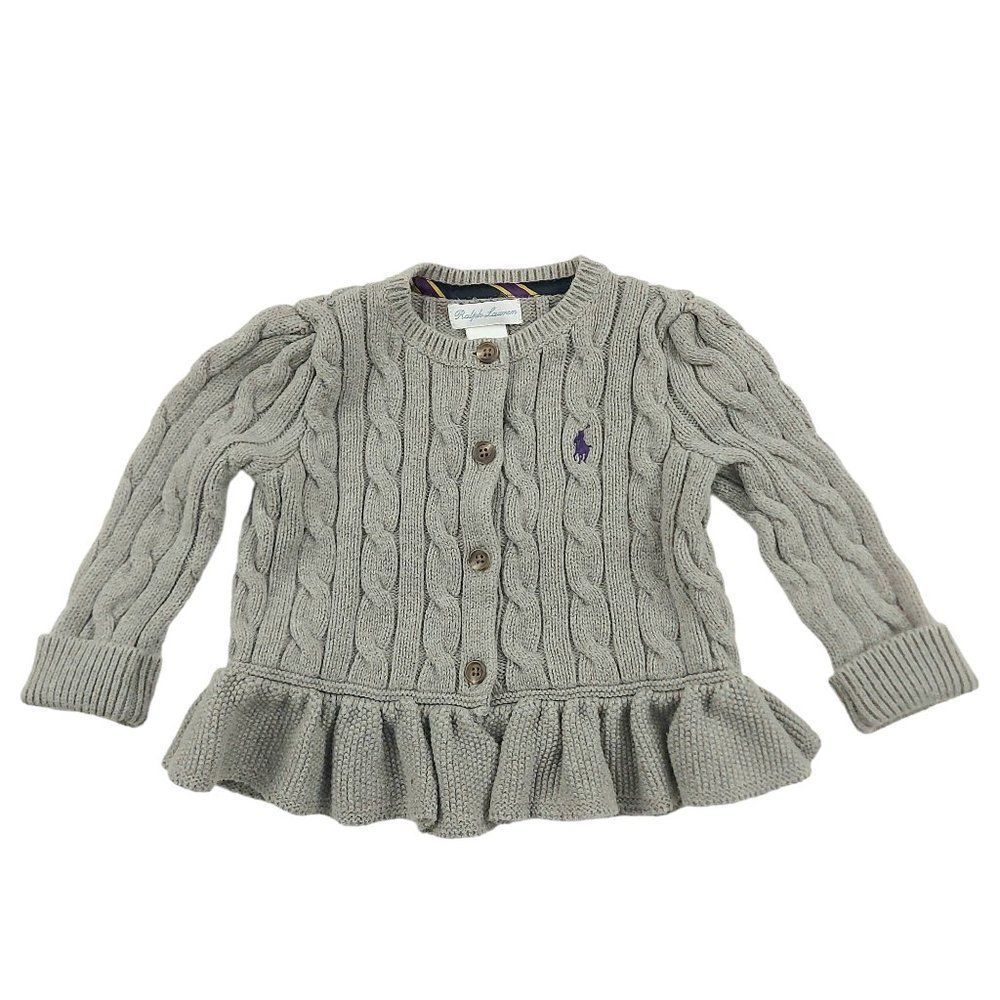 Ralph Lauren Sweater Girls 9 Gray Button Up Knitted Ruffles 100% Cotton
